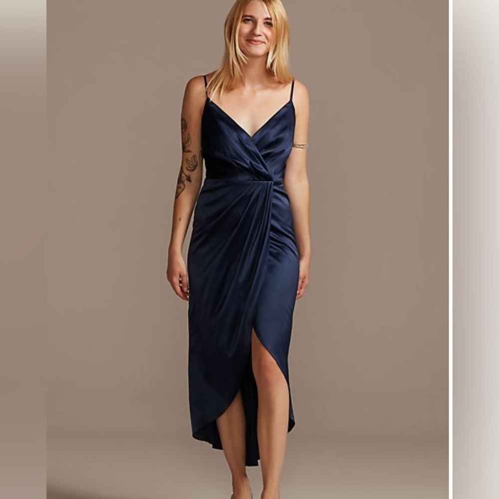 Davids Bridal Pleated Bodice Spaghetti Strap Satin Tulip Dress in Marine